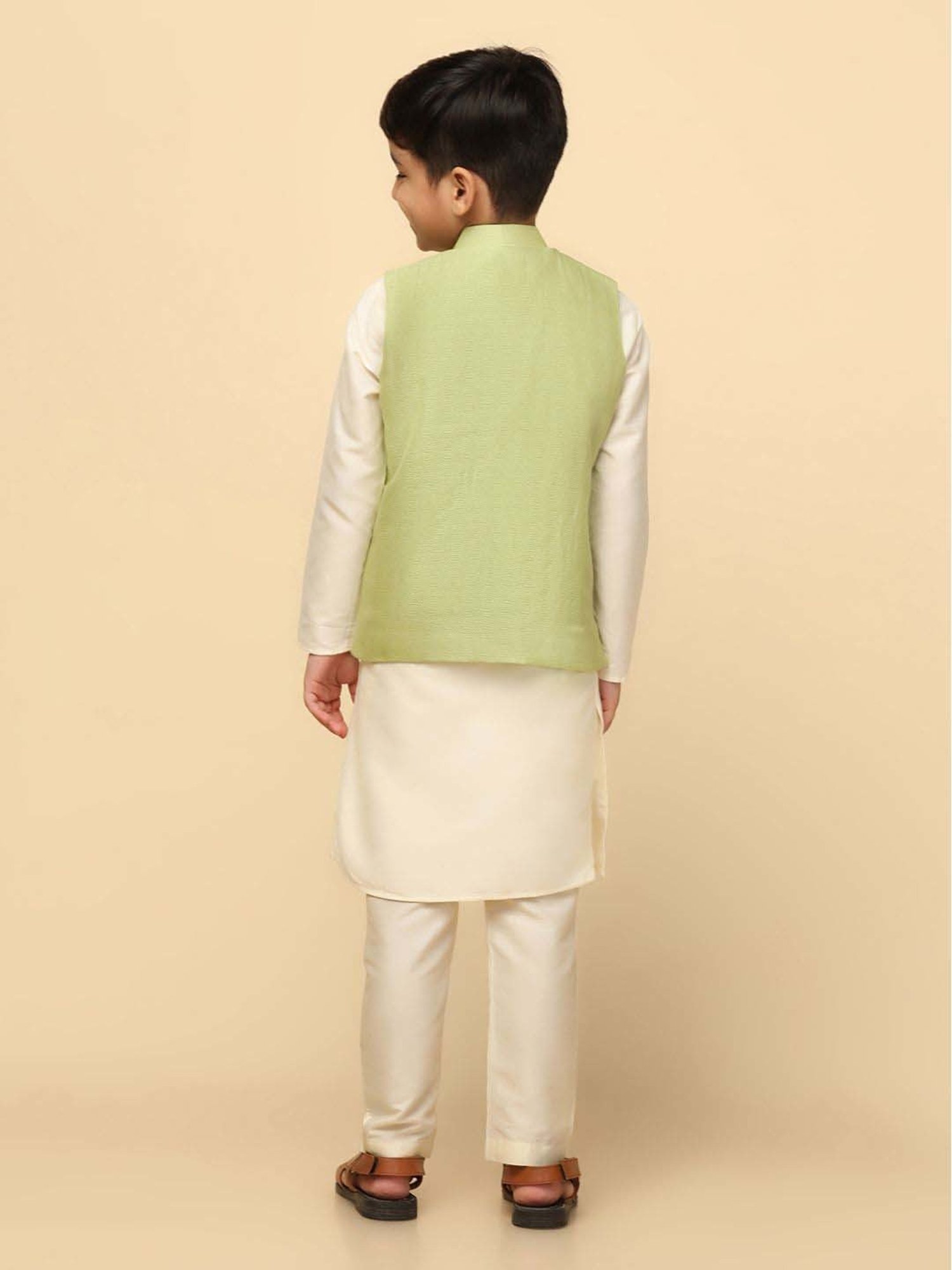 KISAH Kids Green & White Self Pattern Full Sleeves Kurta Set