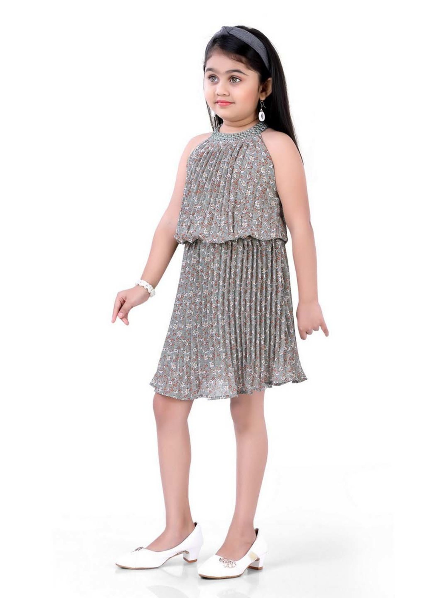 poplins Kids Green Cotton Floral Print Dress