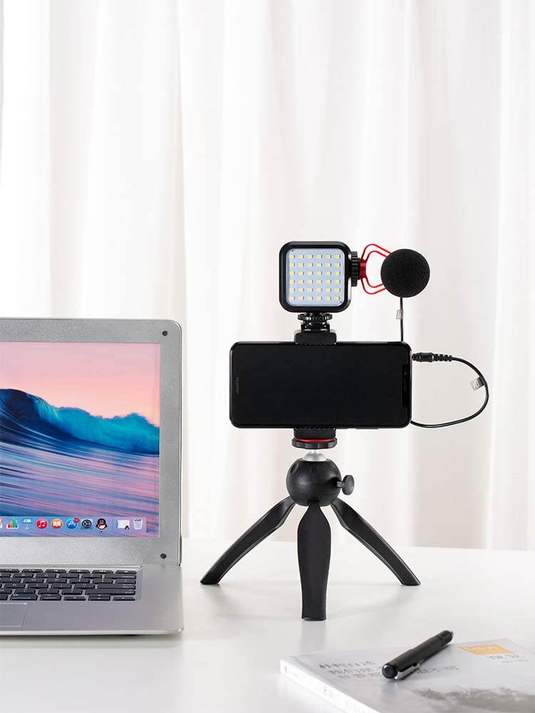 LAUGFIN Portable Live Set Tripod Fill Light Phone Stand Microphone Pocket Live kit for Vlog,Compatible with iPhone, Samsung, Huawei, Suitable for YouTube, TIK Tok, Movies, Vlogging