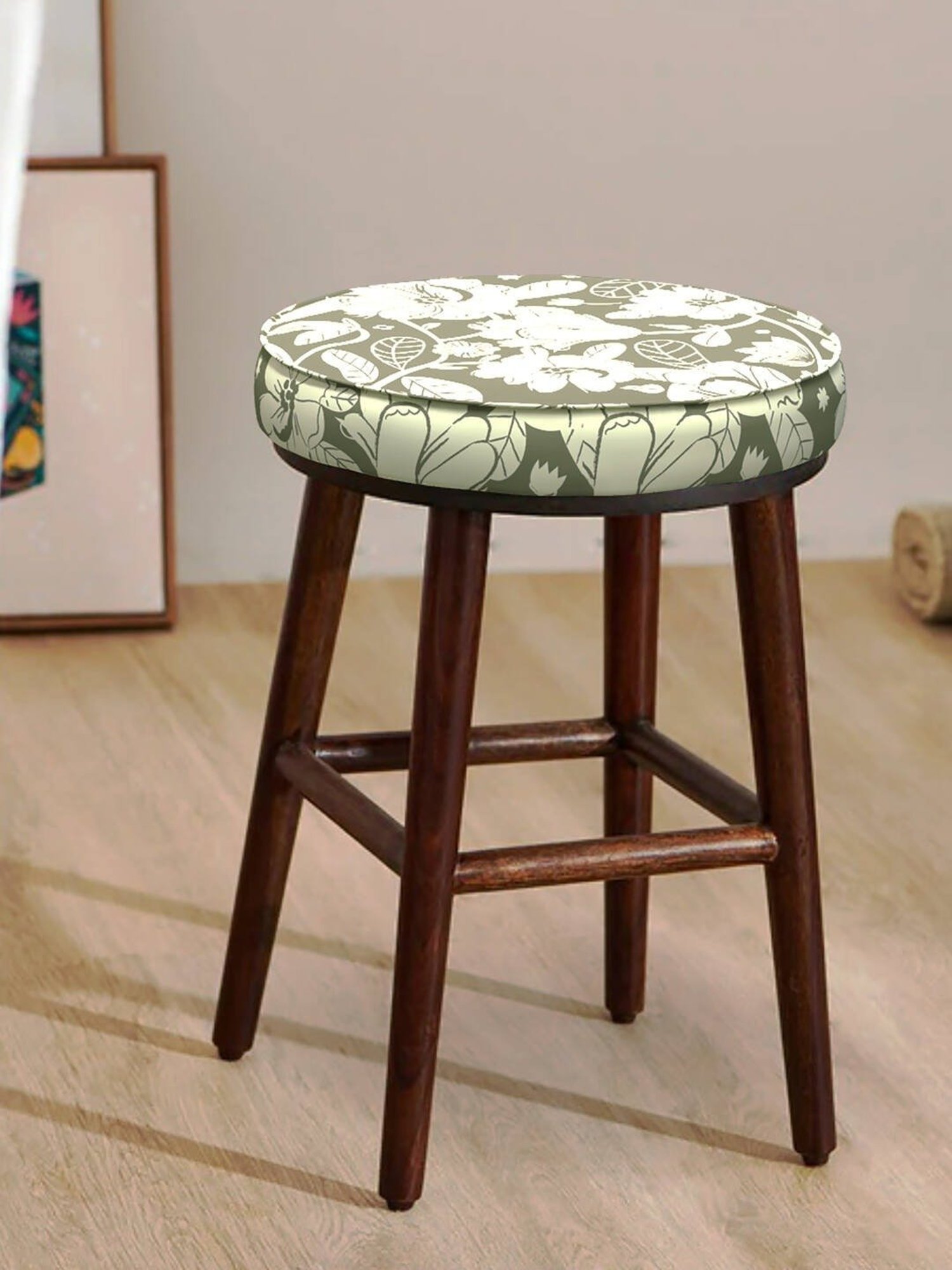 Chumbak English Garden Floral Grey Wood Cafe Stool