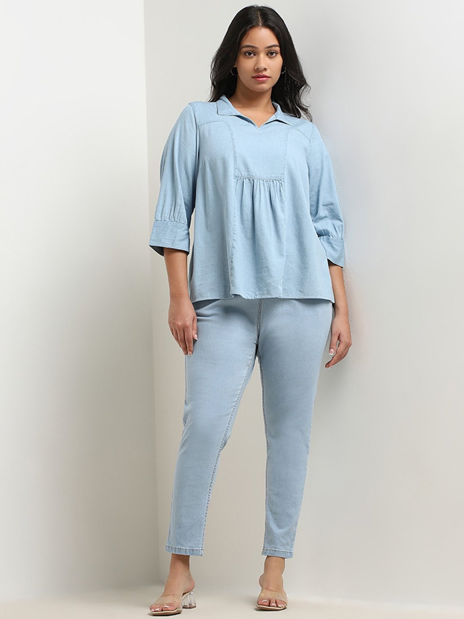 Gia by Westside Light Blue Chambray Cotton Blouse