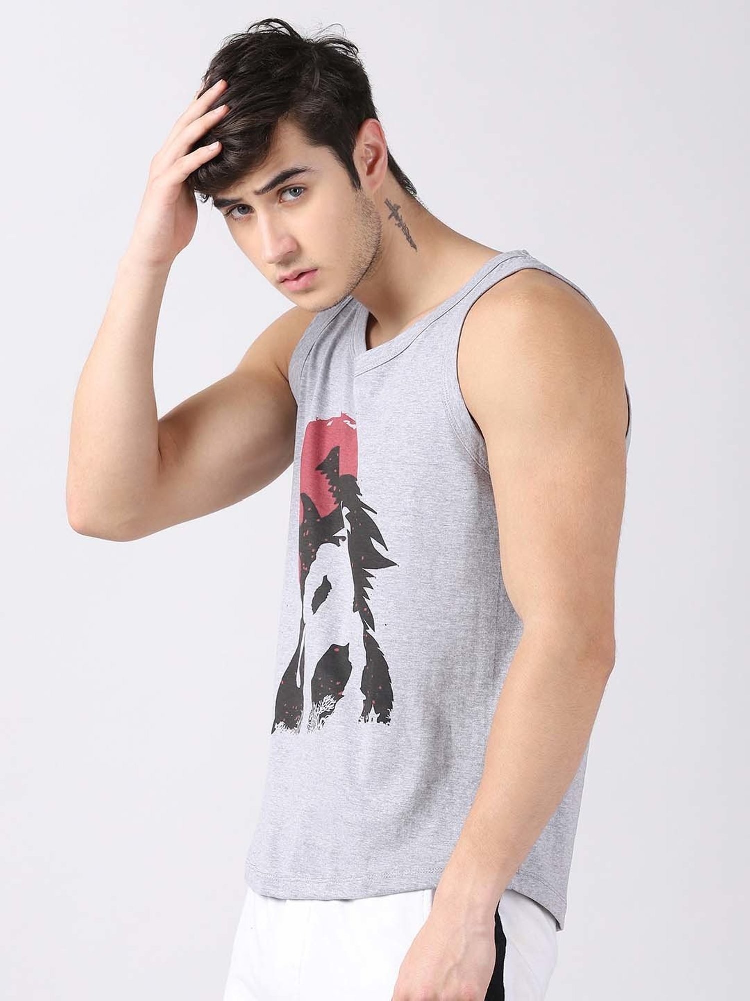 Bushirt Anime Grey Printed Cotton Vest