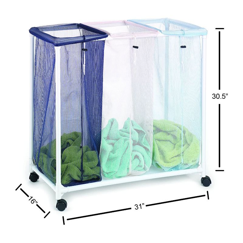 Homz 4549010 6 Load Capacity Triple Mesh Sorter Laundry Basket Portable Organizer Hamper with Removable Bags with Wheels, Blue and White
