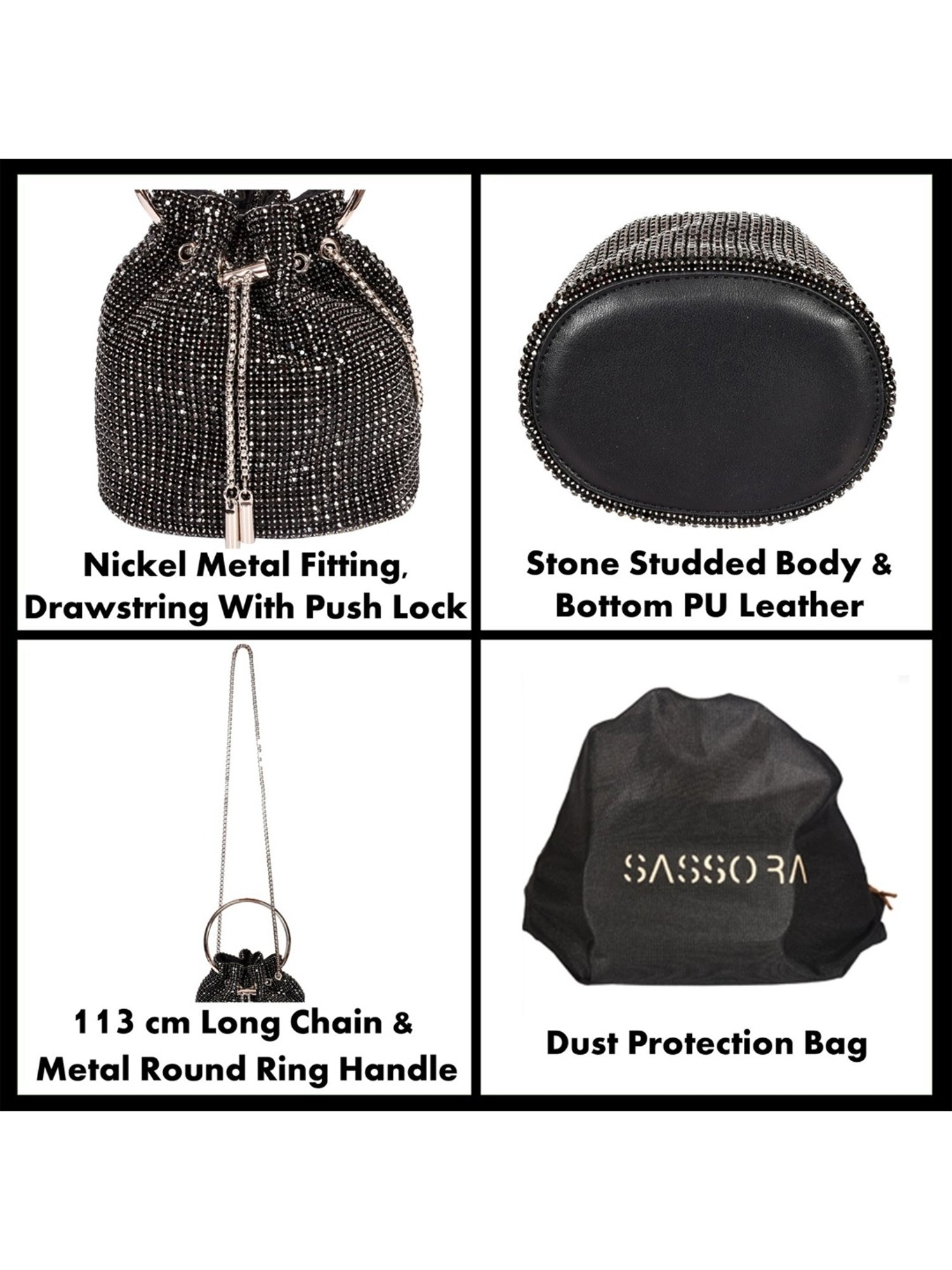 SASSORA RIM Black Leather Embellished Handbag