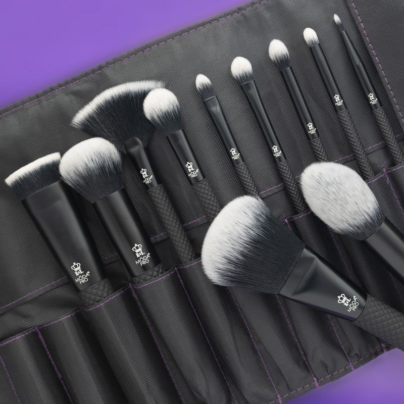 MODA Brush Pro Full Face 25pc Black Makeup Brush Set with Wrap, Includes - Powder, Angle Blush, Highlight, and Crease Brushes