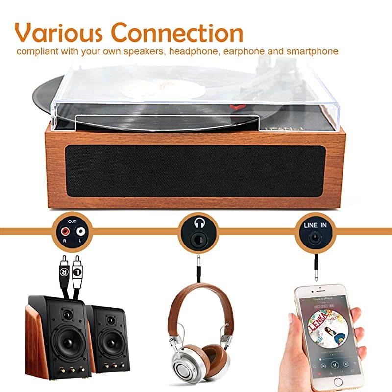 Vintage Vinyl Record Player with Stereo Speakers,3 Speed Turntable, Light Brown