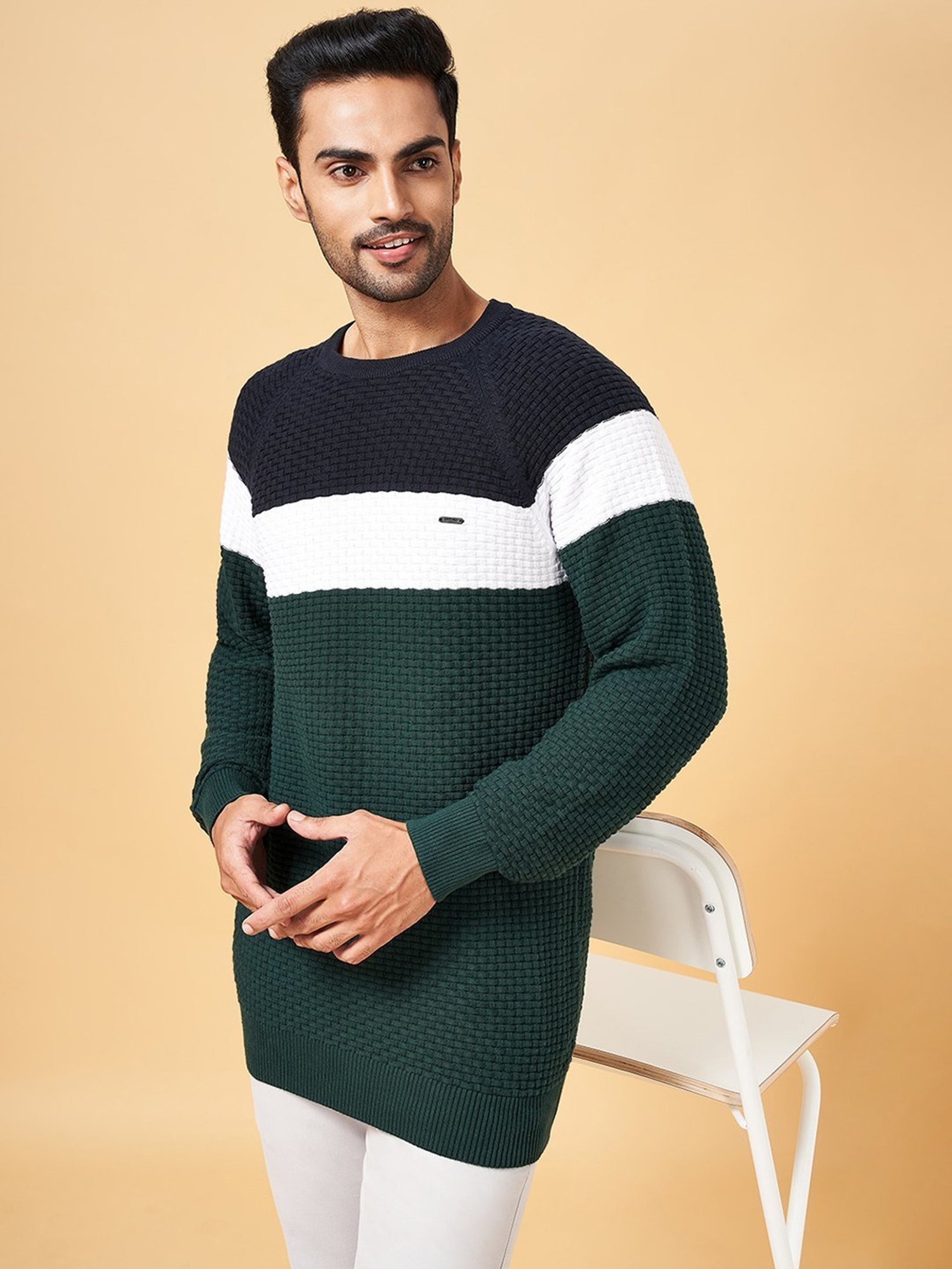 Byford by Pantaloons Multicolored Cotton Slim Fit Colour Block Sweater