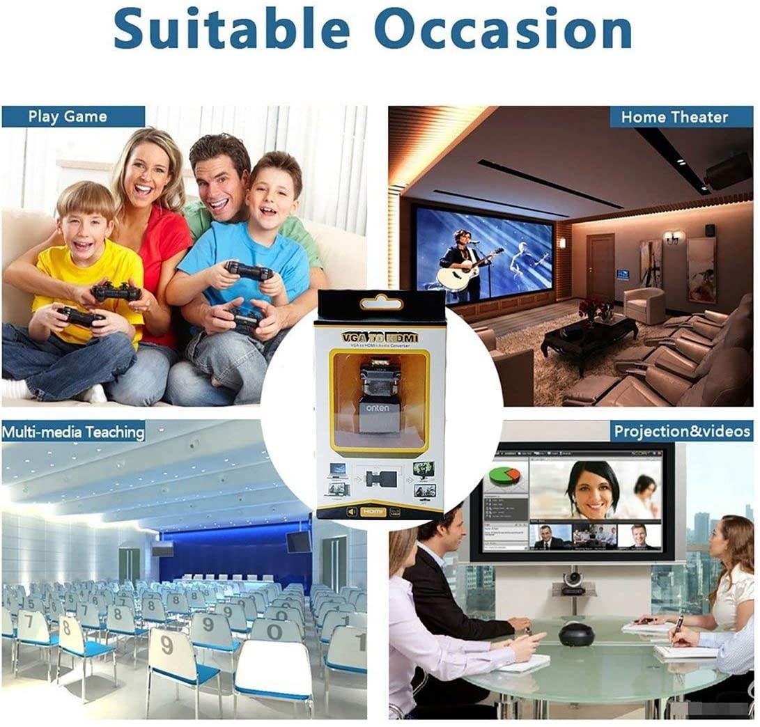 VGA to HDMI Onten 1080P VGA Male to HDMI Female Audio Video Cable Converter Adapter for Computer Desktop Laptop PC Monitor Projector HDTV Supply a Free Audio Cable and USB Cable (Black)