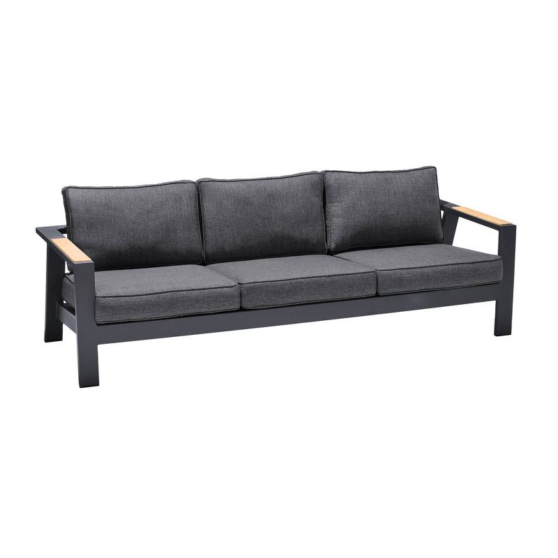 Palau Outdoor Sofa in Dark Gray with Natural Teak Wood Accent and Cushions - Armen Living