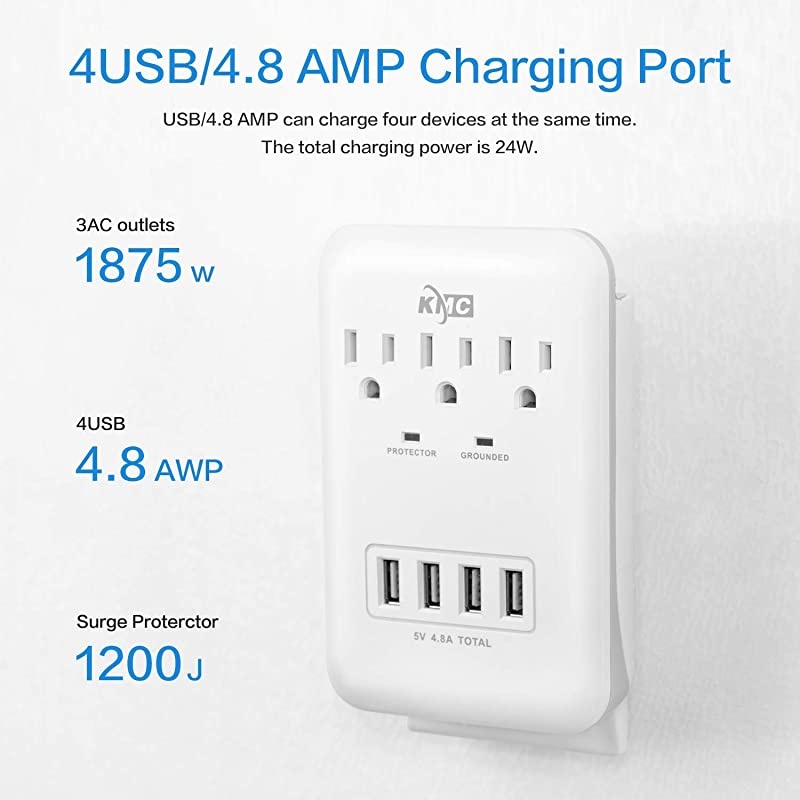 3Outlet Wall Mount Surge Protector 900 Joules with 48 AMP USB Charging Ports 4 USB Charging Ports and 1 Phone Holders for Home School Office ETL Certified
