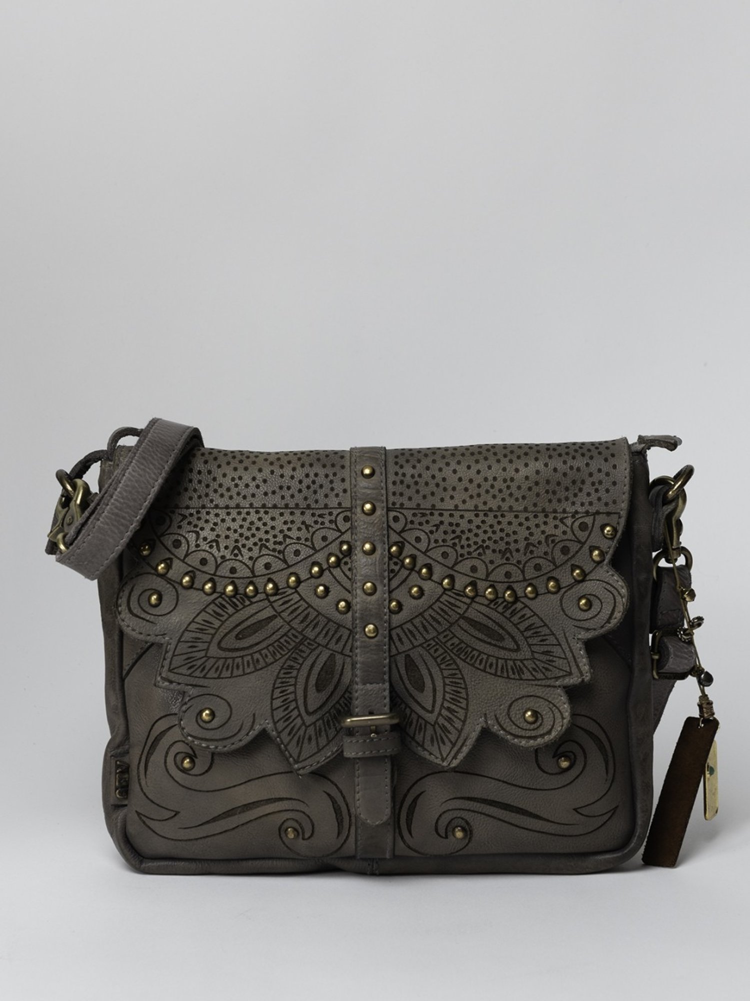 Art N Vintage Carob Grey Leather Textured Medium Sling Handbag