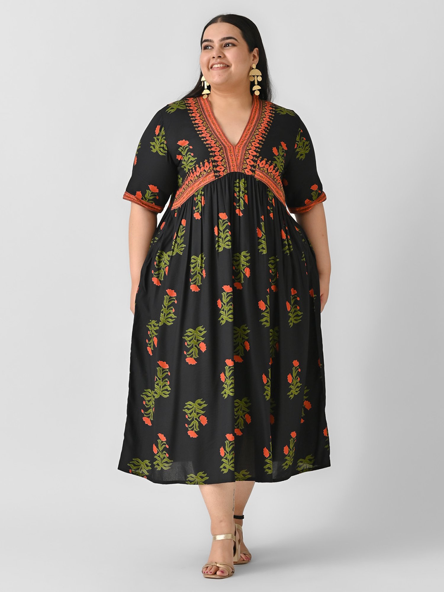 Rustorange Black Printed Ethnic Dress