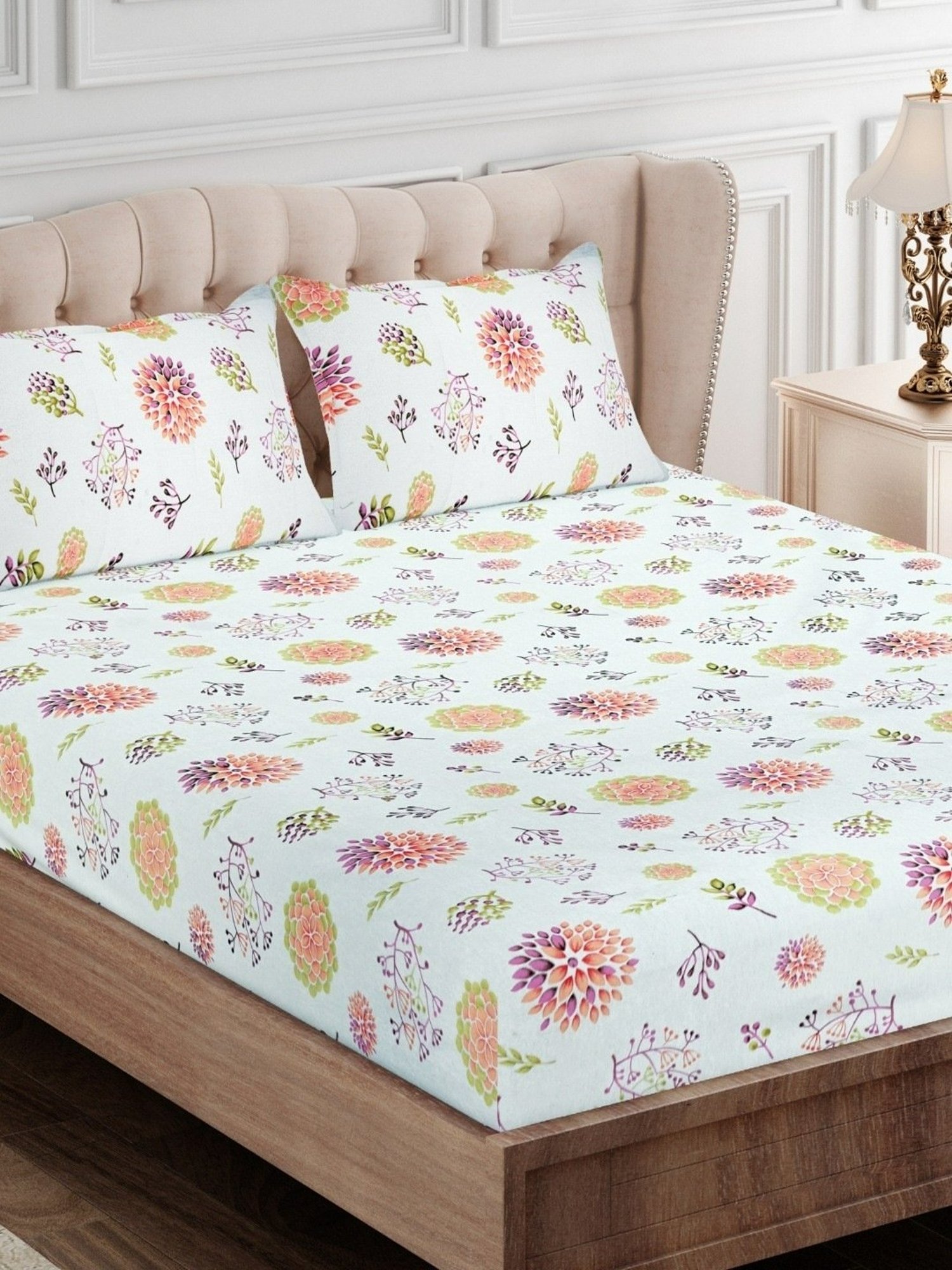 SEJ by Nisha Gupta Floral Pink 144 TC Cotton Double Bed Sheet with 2 Pillow Covers
