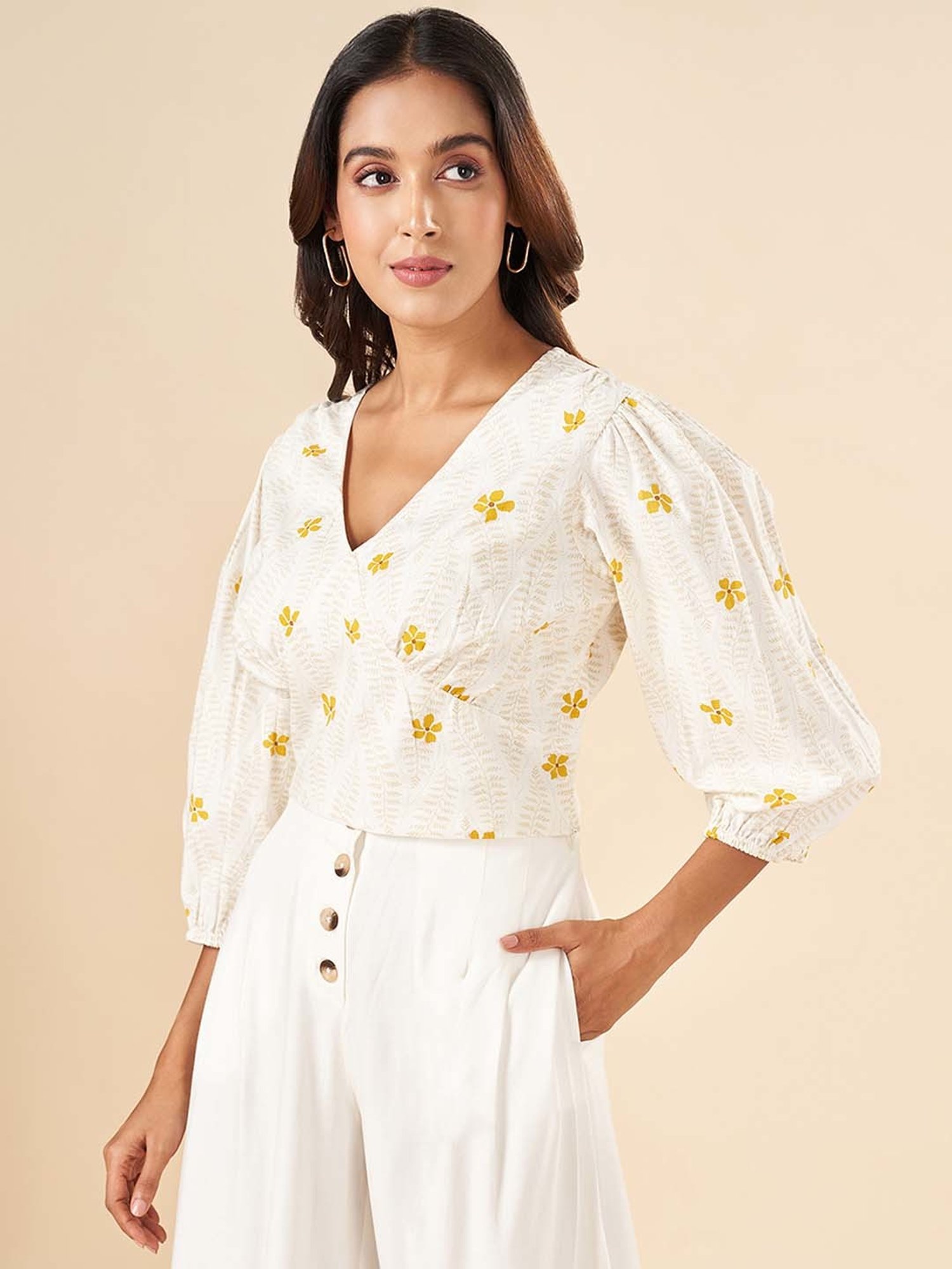 Akkriti by Pantaloons White & Yellow Cotton Printed Top