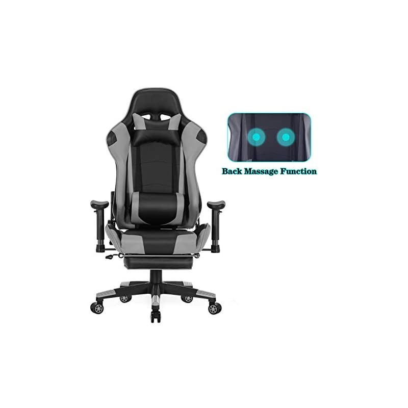 Back Massage Gaming Chair with Footrest,PC Computer Video Game Racing Gamer Chair High Back Reclining Executive Ergonomic Desk Office Chair with Headrest Lumbar Support Cushion GM002 (Grey)