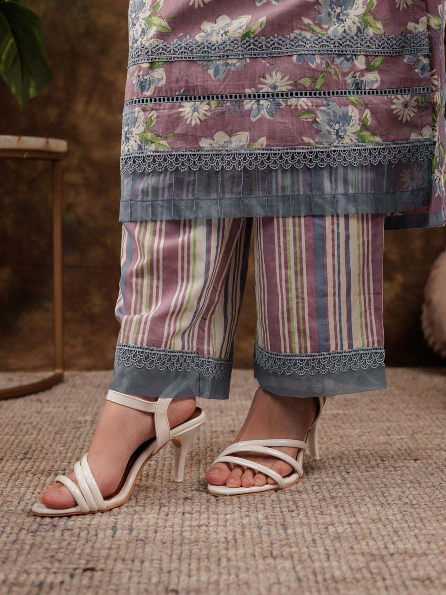 Yufta Purple Cotton Printed Kurta Pant Set With Dupatta