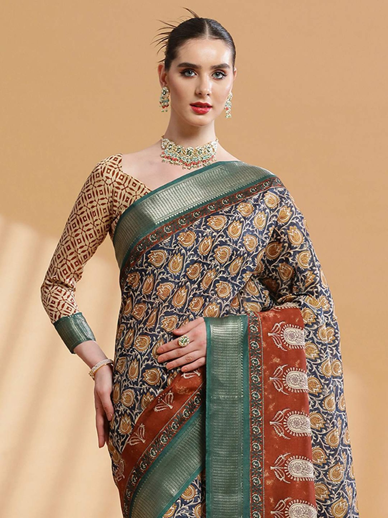 Saree Mall Navy Printed Saree With Unstitched Blouse