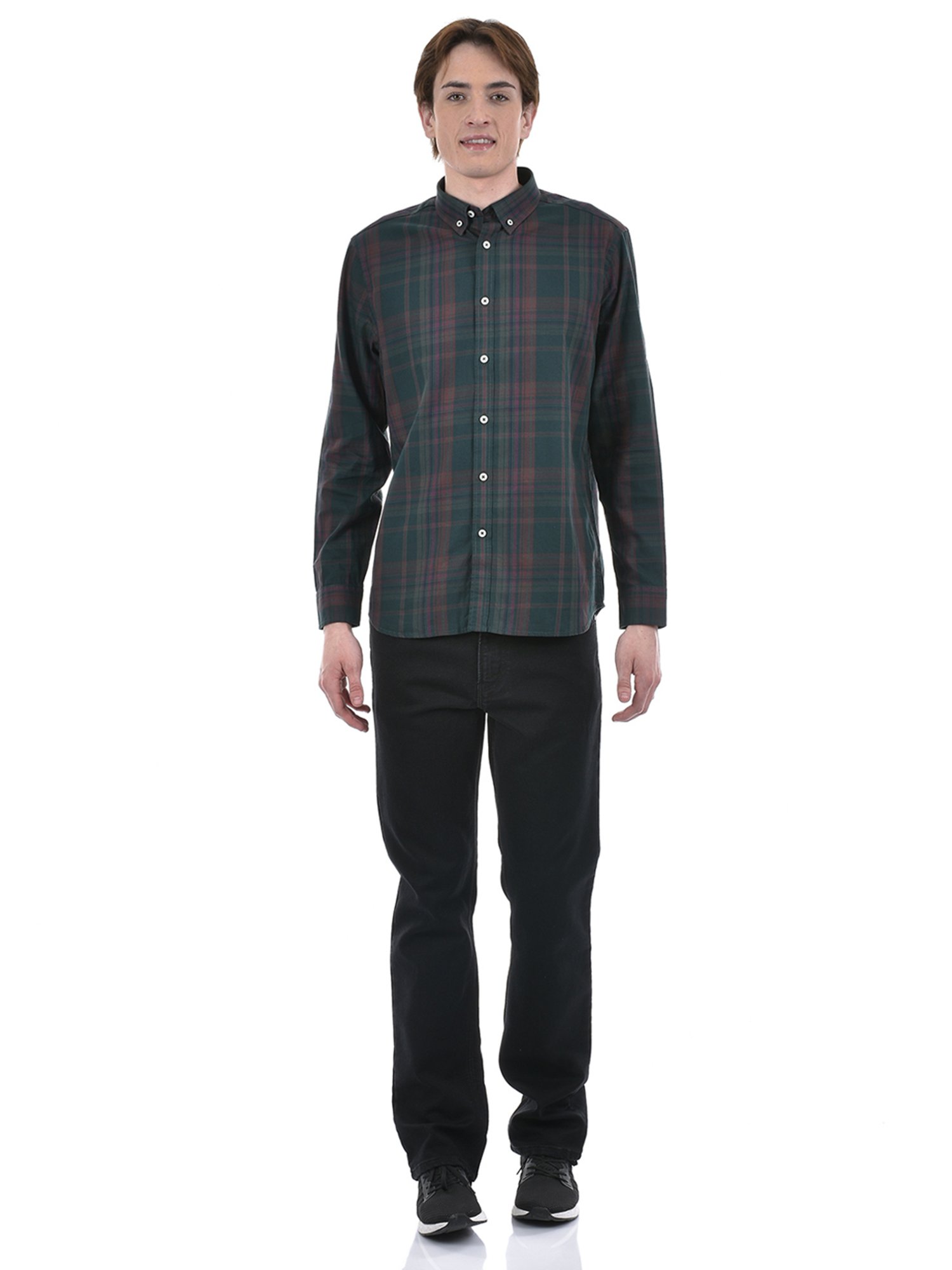 London Fog Green Regular Fit Check Cotton Shirt