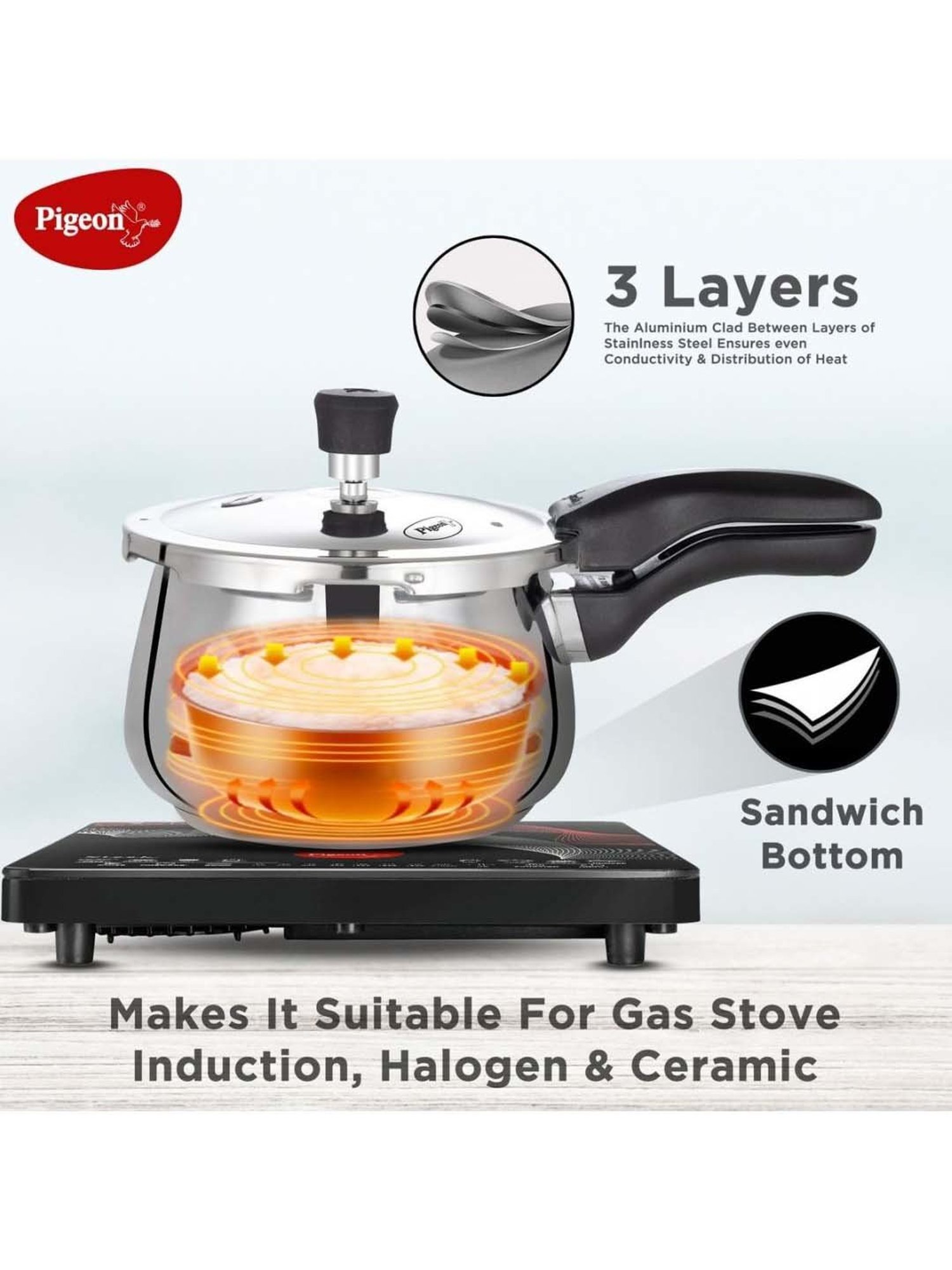 Pigeon Silver Stainless Steel Induction Inox Pro Pressure Cooker (5 L)