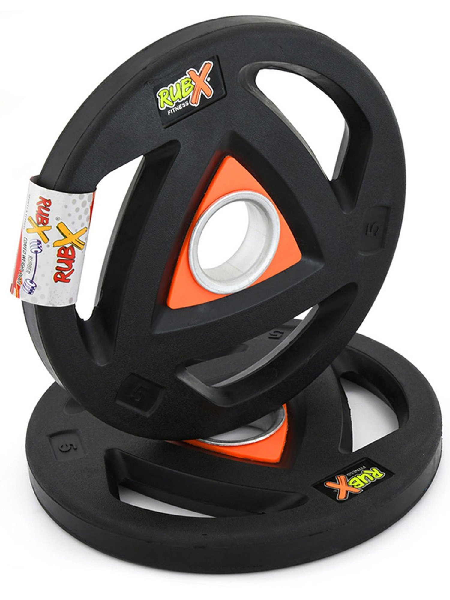 RUBX Rubber Coated Metal Integrated Tri-Grip Olympic Weight Plates 50 MM Center Hole Diameter (5)