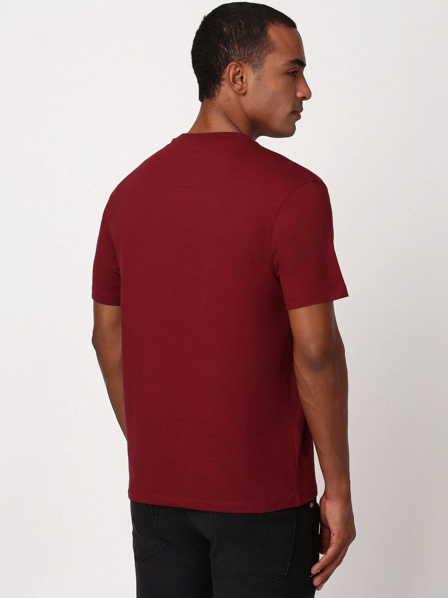 Peter England Maroon Cotton Regular Fit Embroidered T-Shirt