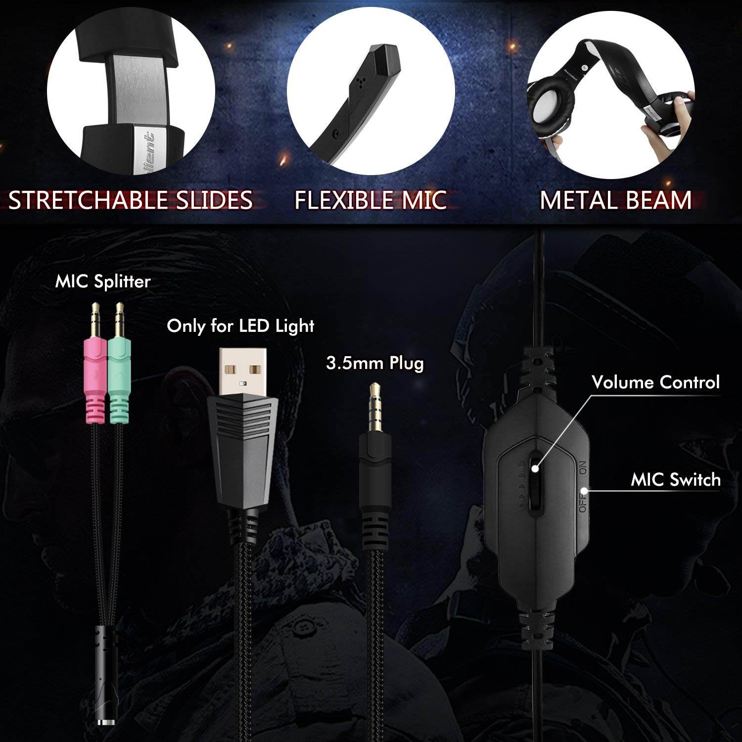 Beexcellent GM-1  Gaming Headset for PS4 Xbox One PC Gaming Headphone with Crystal Stereo Bass Surround Sound, LED Lights & Noise-Isolation Microphone