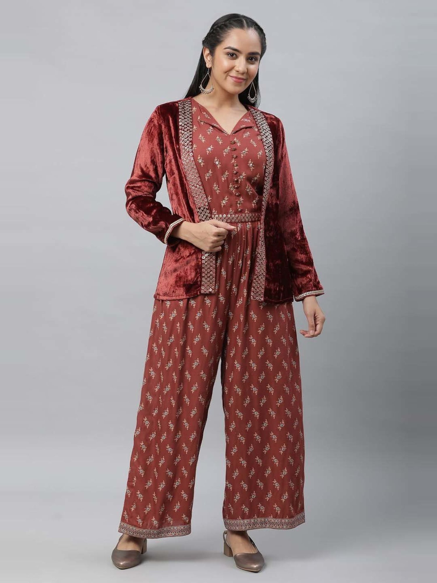 Aurelia Maroon Printed Jumpsuit With Jacket