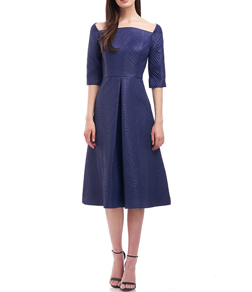 Kay Unger Rylee Midi Curved Square Neck Short Elbow Sleeve Dress