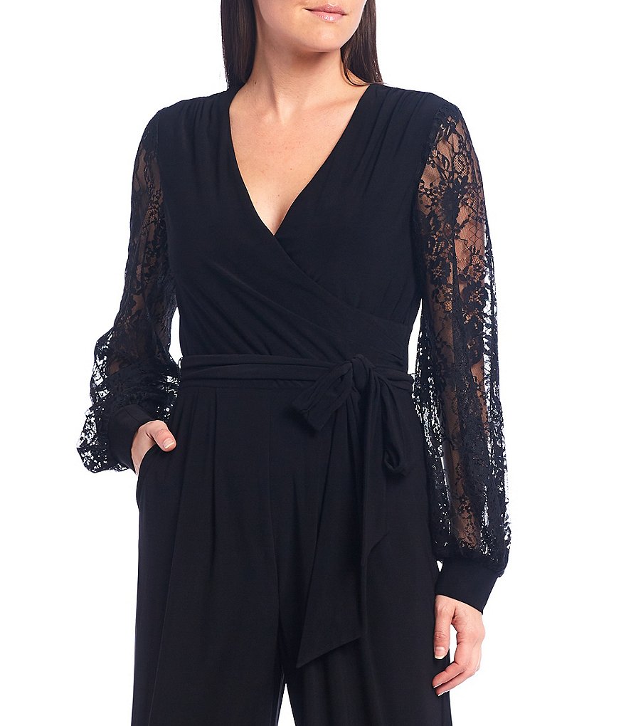 Jessica Howard Long Lace Sleeve Tie Waist V-Neck Jumpsuit with Pockets