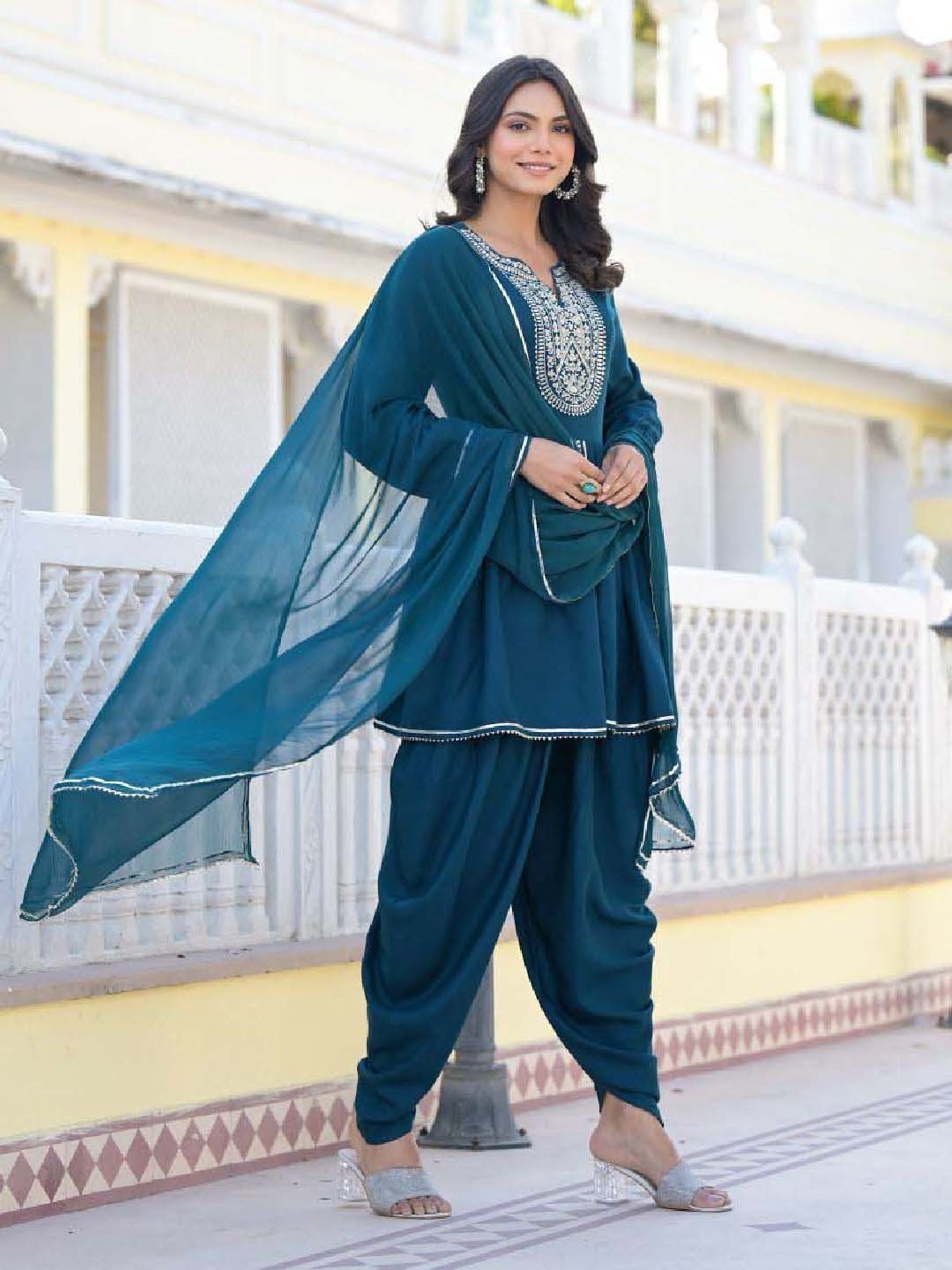 Stylum Blue Embroidered Kurti Dhoti Pant Set With Dupatta