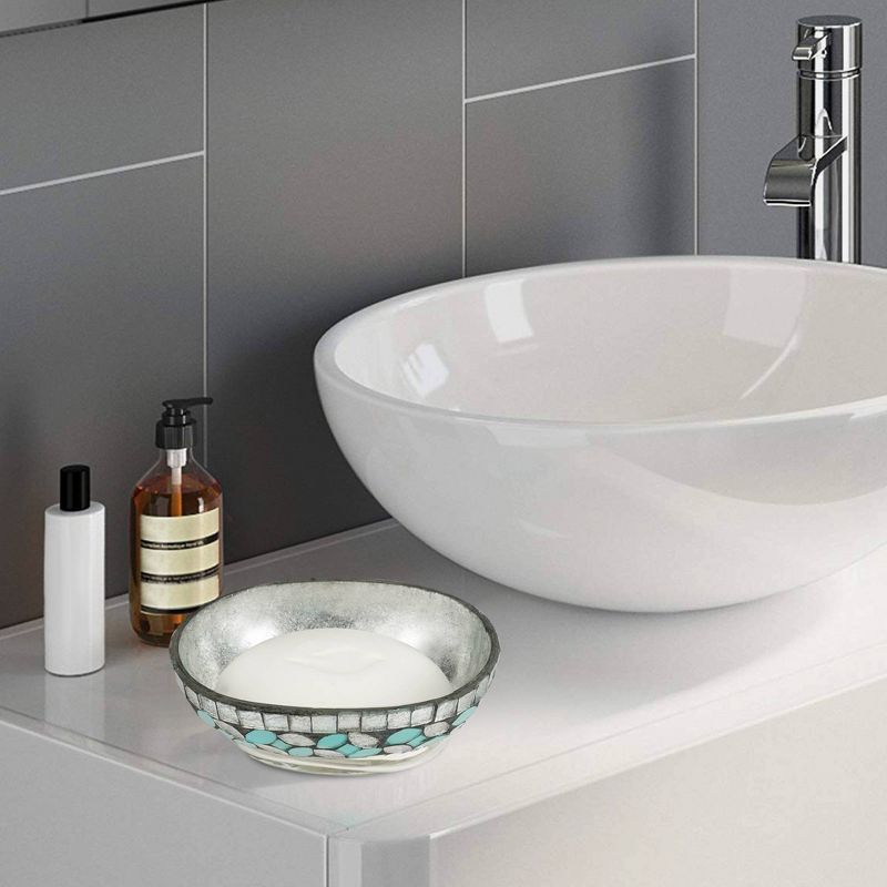 4pc Seafoam Glass/Metal Bath Accessory Set for Vanity Counter Tops Silver - Nu Steel