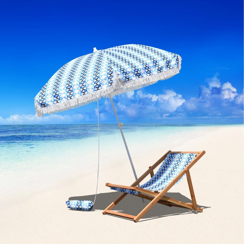 Astella  6.5 Ft. Fiberglass Beach Umbrella W/ Carry Bag - White Frame / Azure Braid Canopy NOVA656C-P5-205-FRINGE