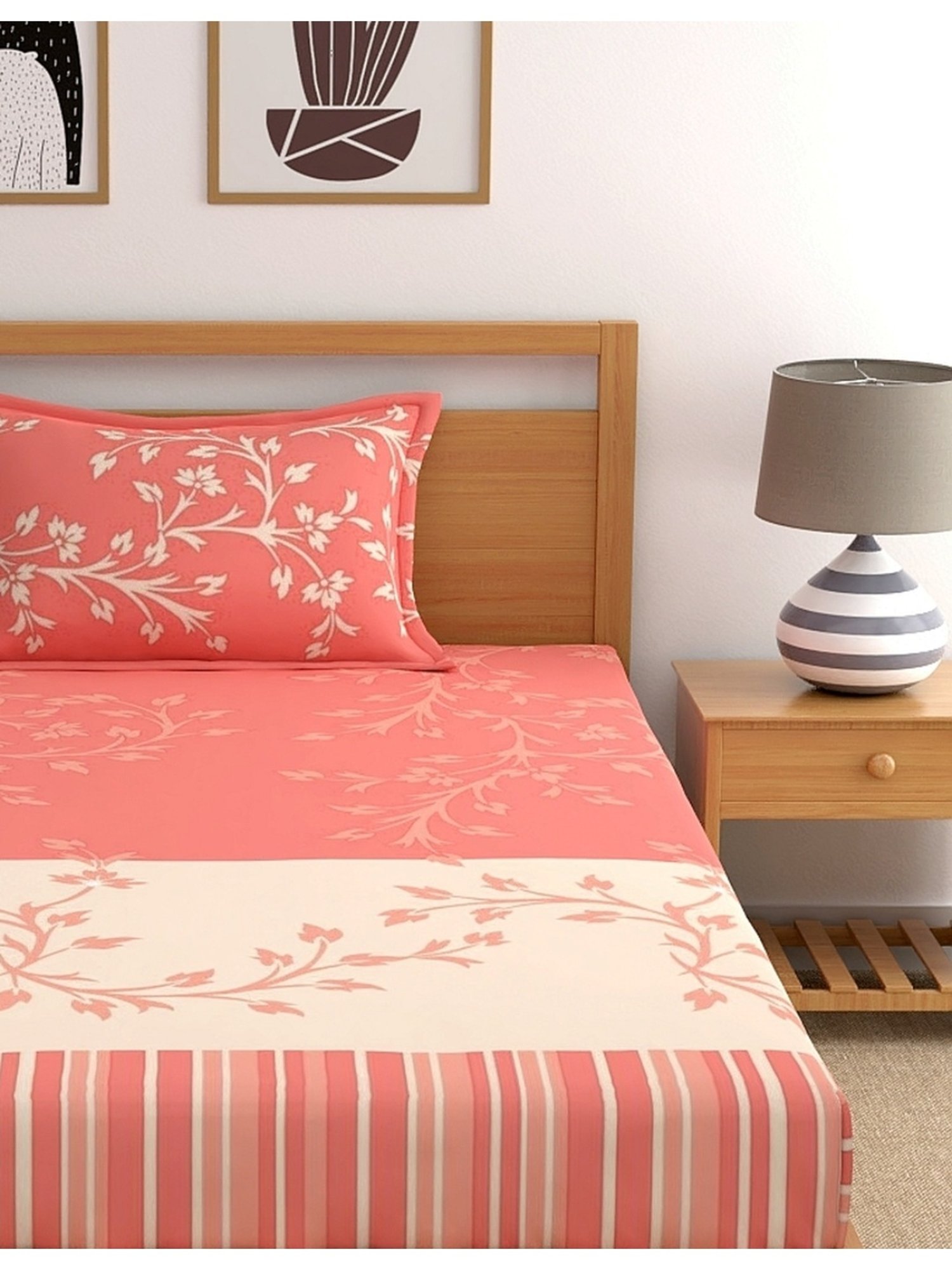 Dreamscape Floral Peach 140 TC Cotton Single Bed Sheet with 1 Pillow Cover