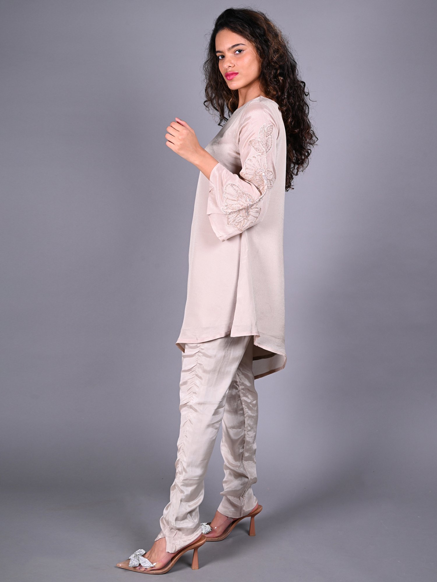 Odette Beige Embellished Tunic Pant Set