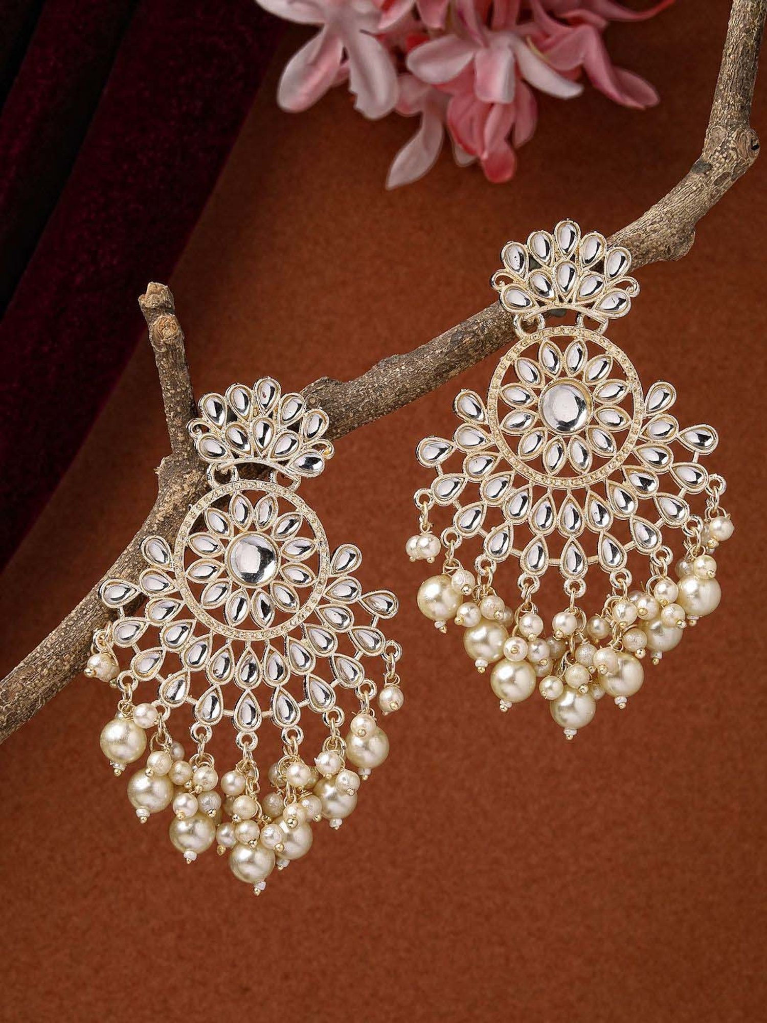 NVR Gold-Plated Kundan Dangler Earrings for Women