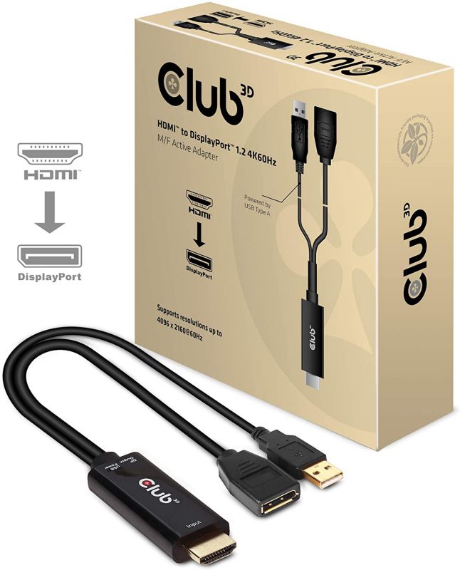 Club 3D 4K 60Hz HDMI to DisplayPort Video Adapter w/USB Power - HDMI 2.0 (Male) to DP 1.2 (Female) Active Monitor Converter (CAC-1331)