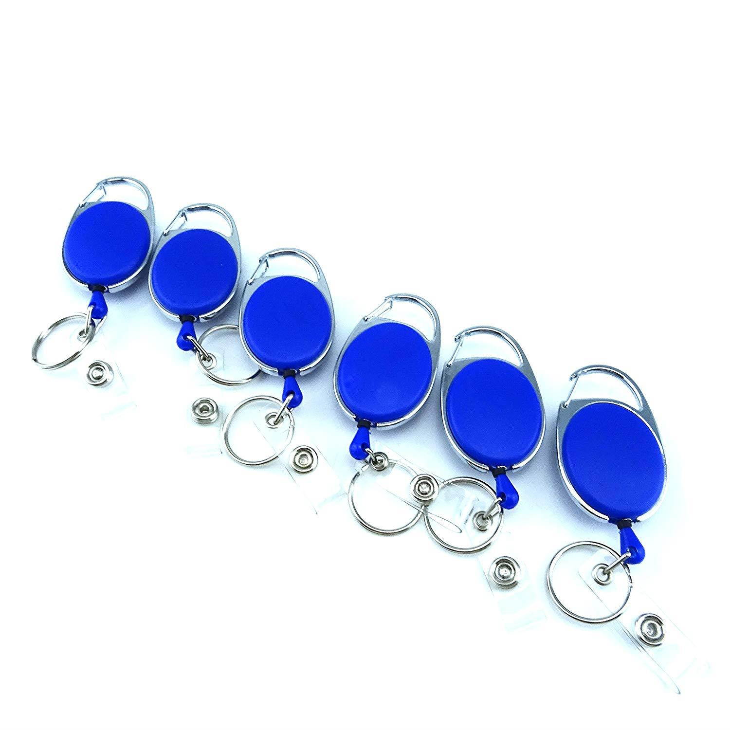 Honbay 6 Pieces of Premium Retractable Carabiner Badge Holder Reels with Key Ring and Badge Strap, Clip On Retractable ID Card Keychain - With Back Splint (Blue)