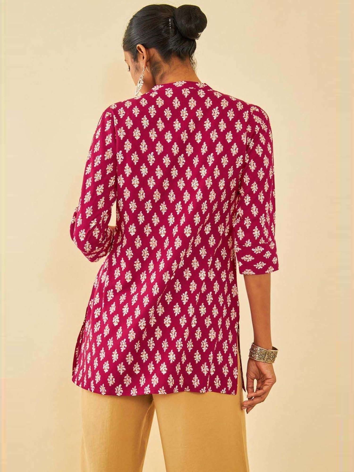 Soch Red Rayon Floral Printed Tunic With Faux Mirror