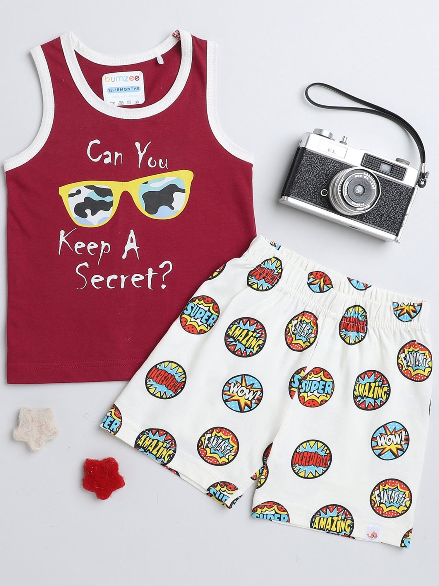 Bumzee Kids Maroon & White Printed T-Shirt with Shorts