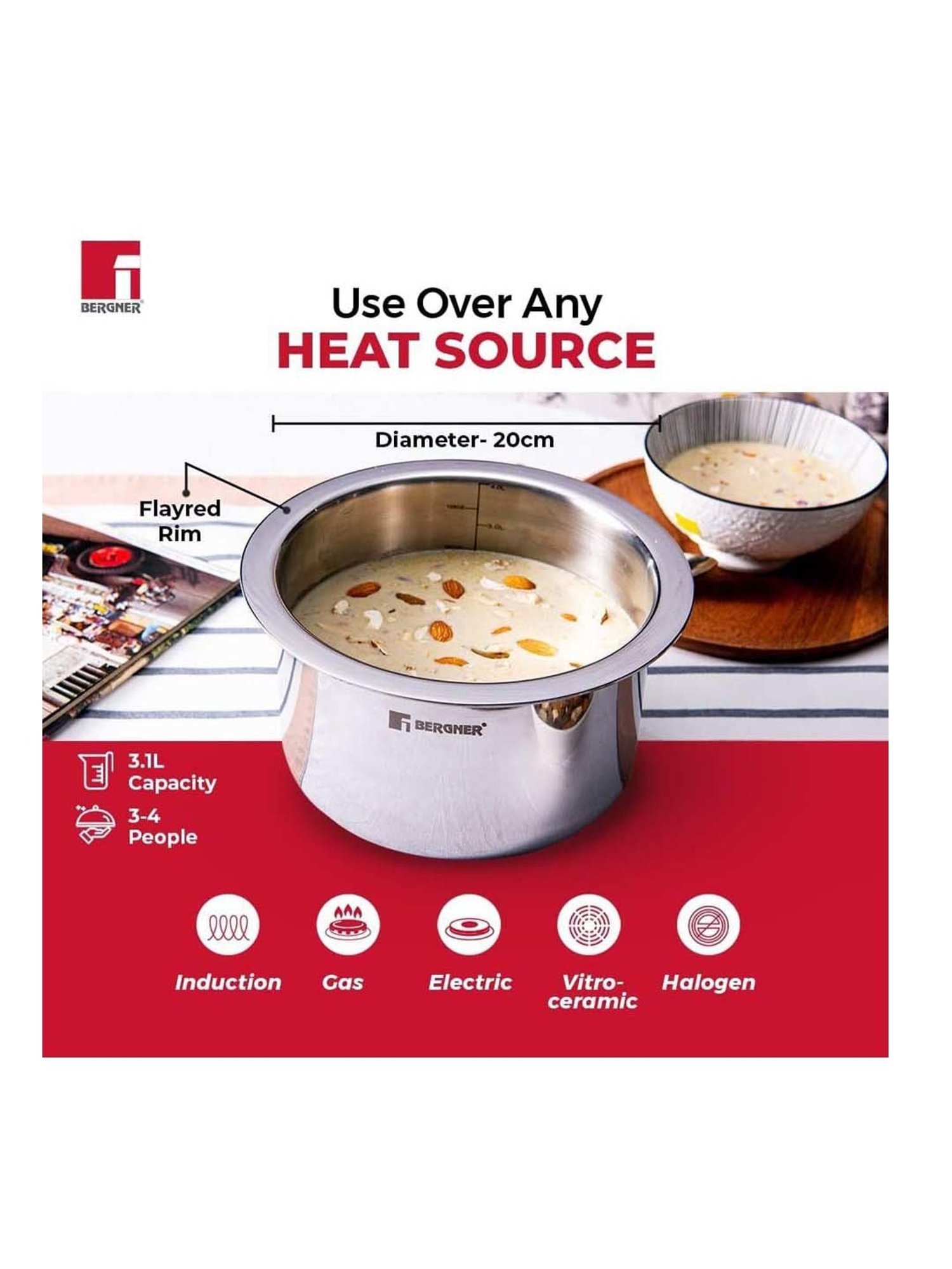 Bergner Tripro Silver Stainless Steel 20 cm Induction Friendly Triply Cooking Pot With Lid (3.1 L)