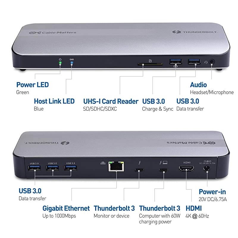 Certified  Aluminum Thunderbolt 3 Dock with HDMI 2.0 and 60W Laptop Charging for Windows PC and MacBook Pro (Not Compatible with USB-C Ports Without The Thunderbolt Logo)