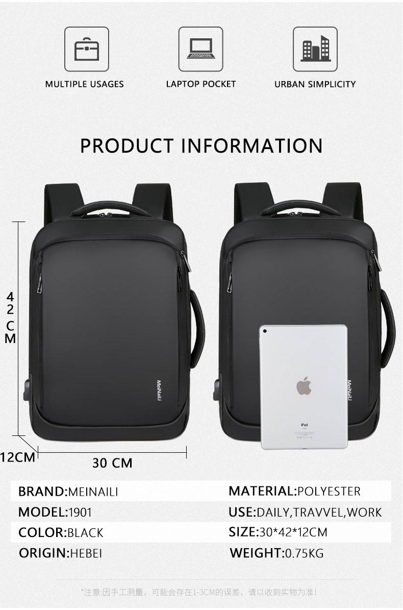 ESTONE Mens USB Charging Backpack 14 15.6 inch Laptop Bags Male Business Bagpacks Waterproof Multifunctional Travel Backpack, Black