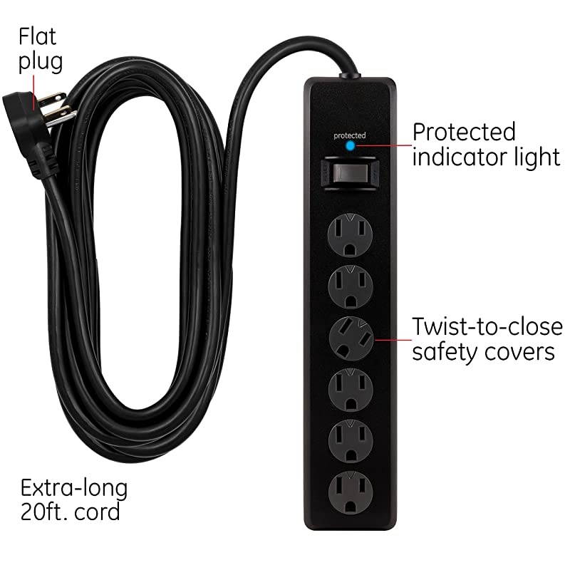 6 Outlet SurProtector 20 Ft Extension Cord Power Strip 800 Joules Flat Plug TwisttoClose Safety Covers Black 50769