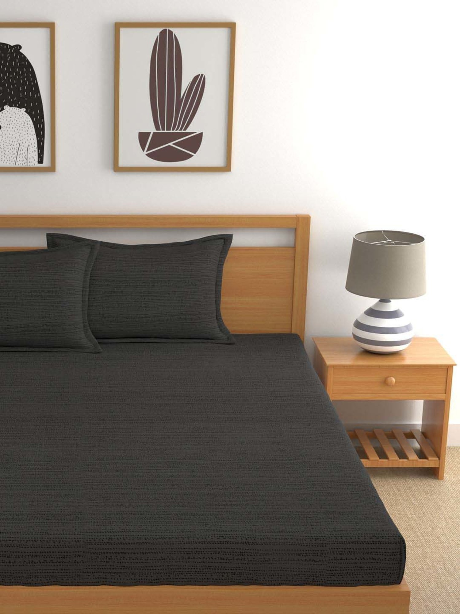 Dreamscape Black Cotton 300 TC King Bedsheet with 2 Pillow Covers