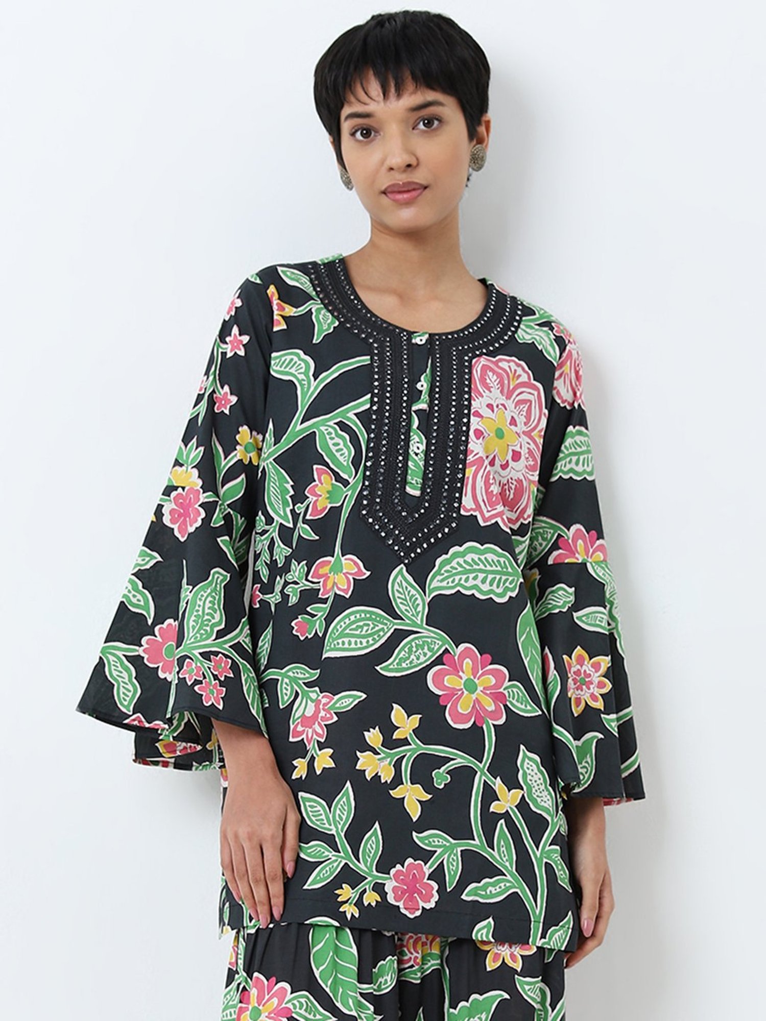 Utsa by Westside Black Floral Design Straight Cotton Kurti