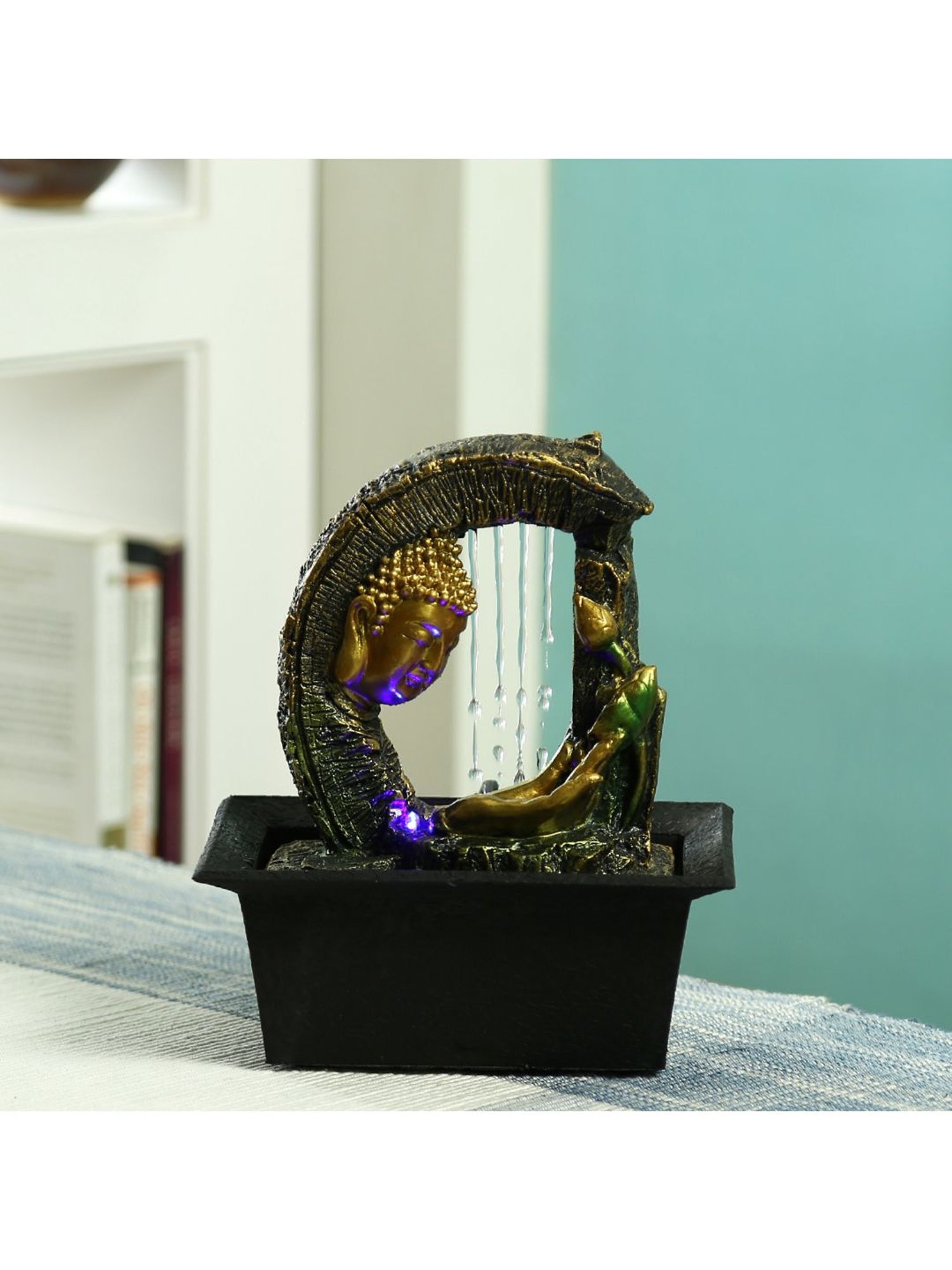 Tayhaa Gold & Black Hand Sculpted Buddha Indoor Water Fountain with Light