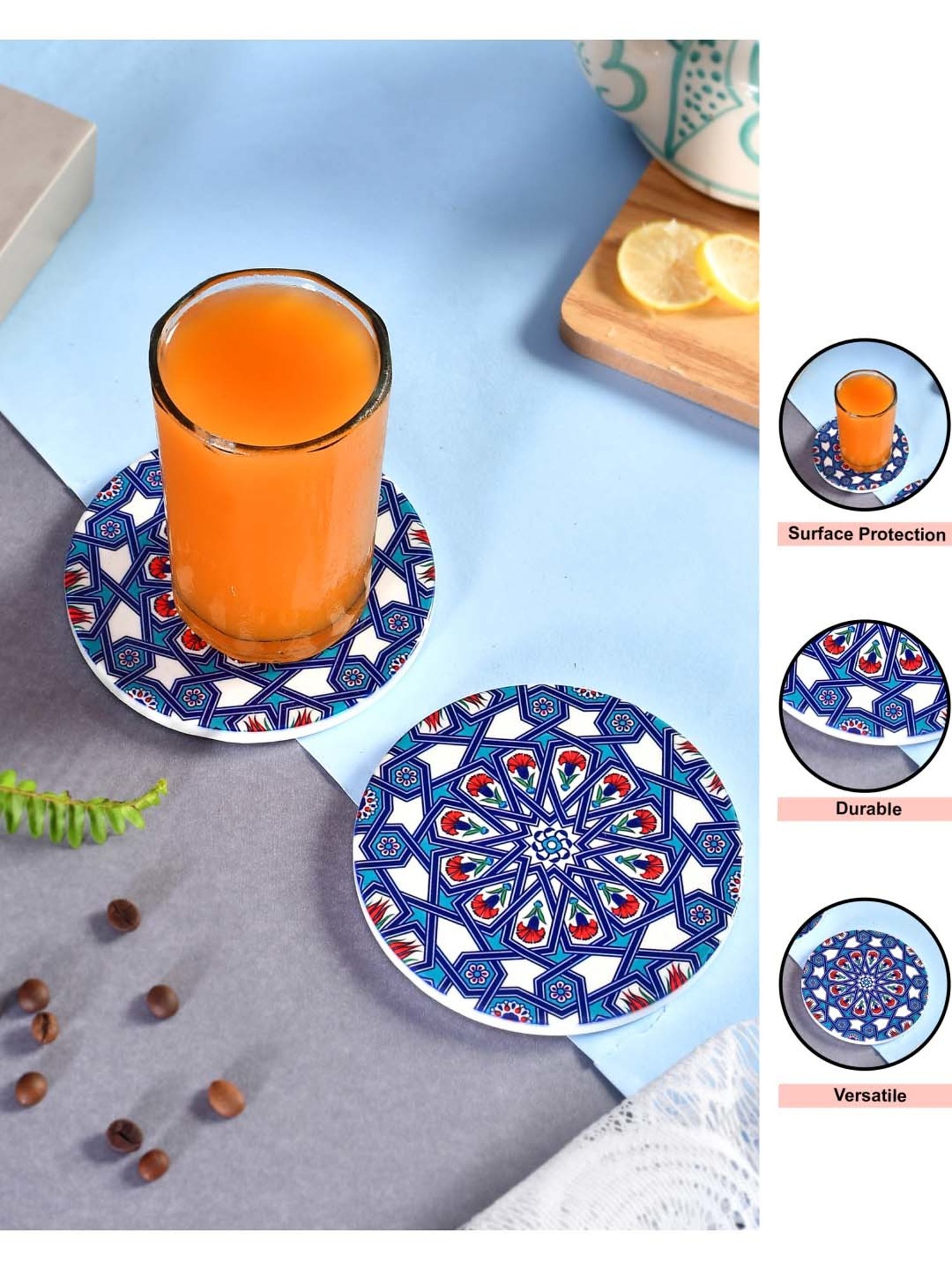 TAYHAA Blue Ceramic Exquisite Printed Coasters - Set of 2