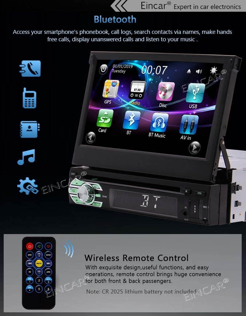 EinCar Single Din Car Stereo GPS Radio Bluetooth CD DVD Player System in Dash AM FM Retractable HD Touch Screen Detachable Front Panel Head Unit Support SWC Remote Control + Rear View Camera
