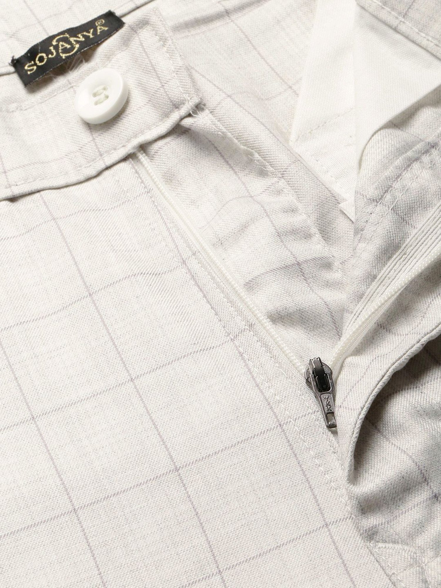 Sojanya Cream Cotton Regular Slim Fit Checks Flat Front Trousers