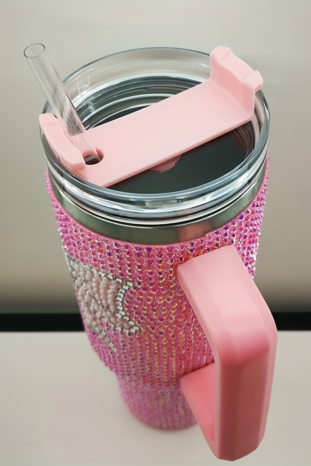 Pink Checkered Print Handled Stainless Steel Tumbler Cup